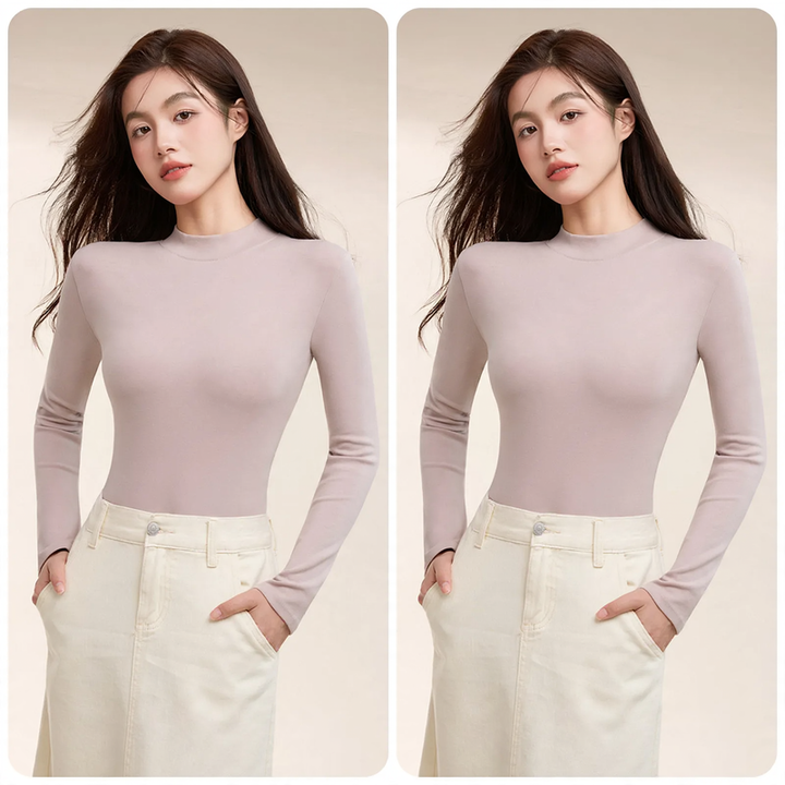 Women's long sleeve shirt made of cotton, stand-up collar, fitted