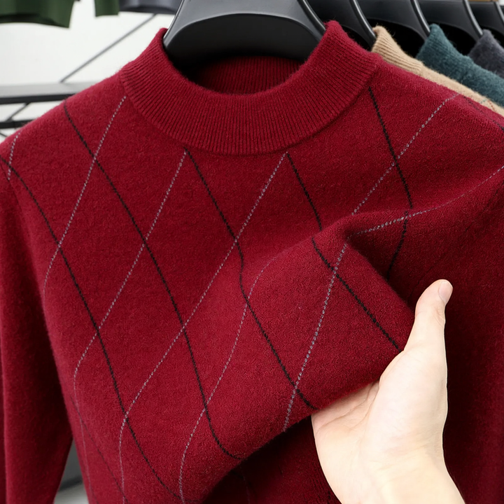 Men's wool sweater, checkered, stand collar, extra warm