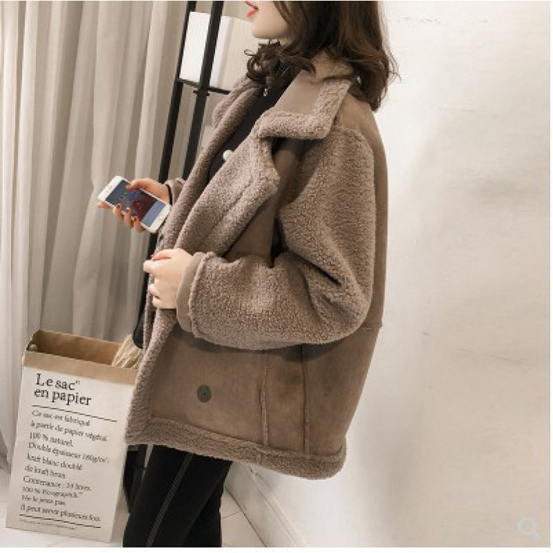 Casual biker jacket made of suede imitation with lamb fleece