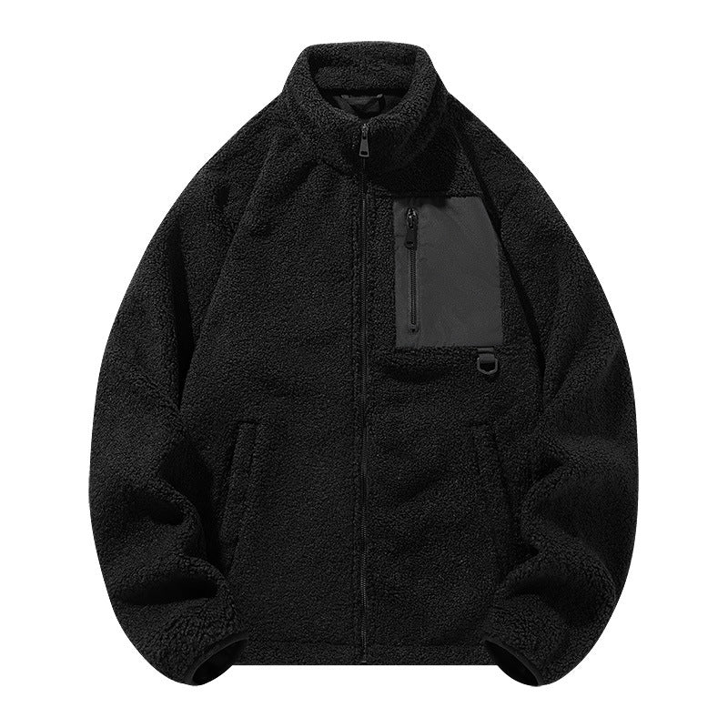 Unisex fleece jacket with stand-up collar and pockets
