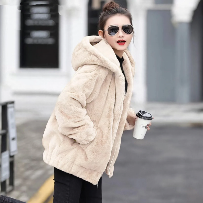 Fluffy hooded coat in rabbit fur look