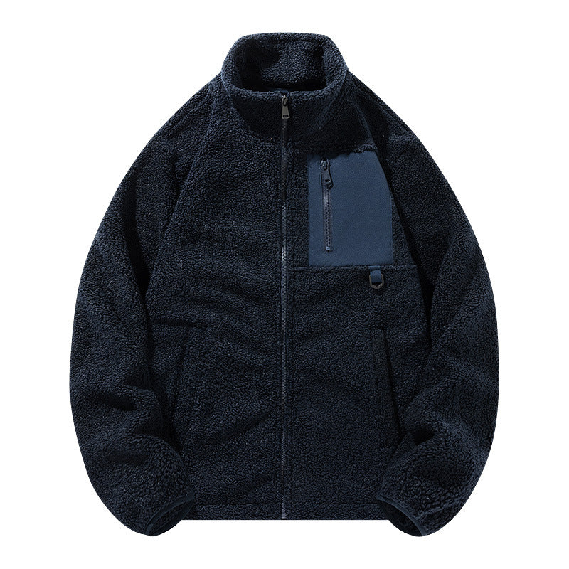 Unisex fleece jacket with stand-up collar and pockets