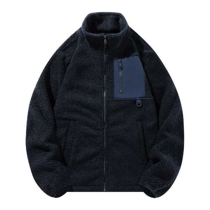 Unisex fleece jacket with stand-up collar and pockets