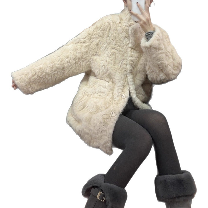 Women's coat in lambskin look, mid-length, lined