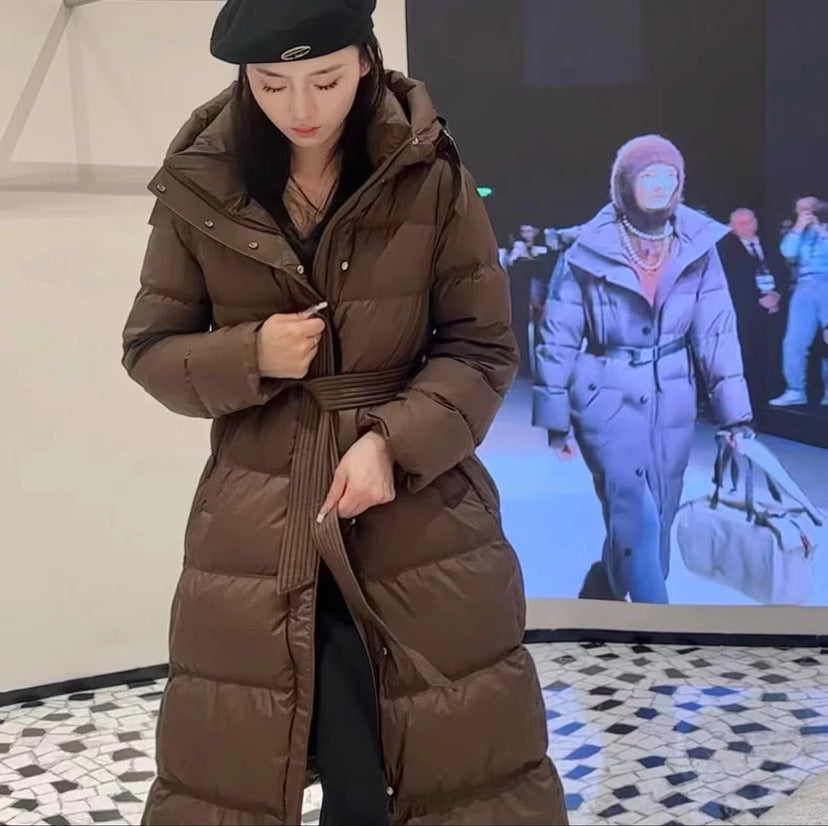Long down coat with hood, tailored, knee-length