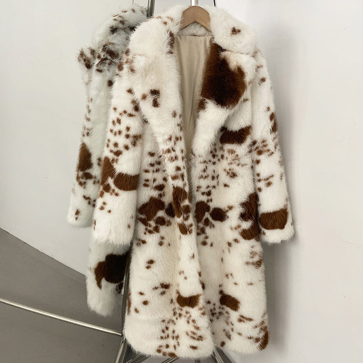Padded faux fur coat with cow print