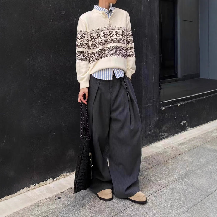Unisex knitted sweater with fair isle pattern and button placket