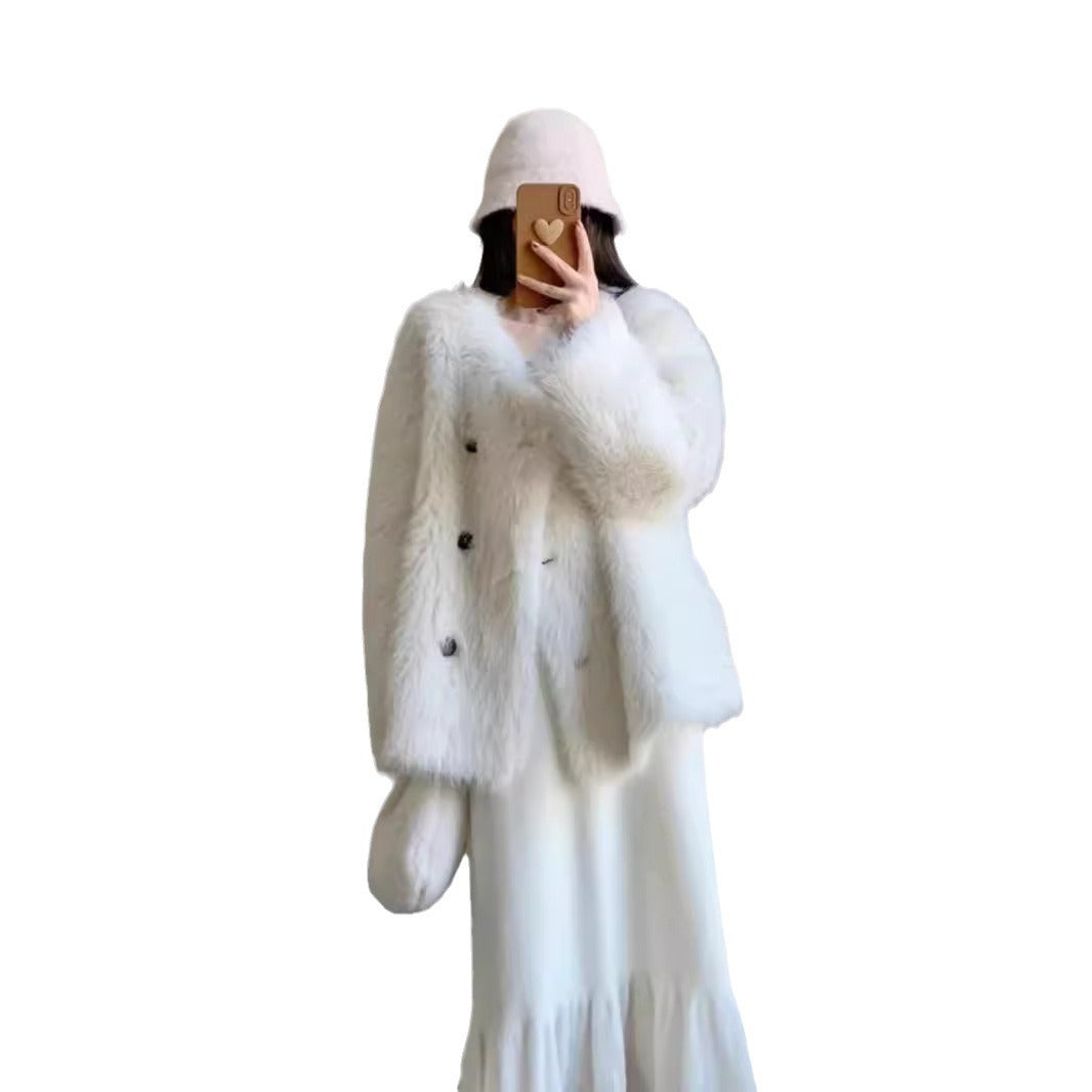 Women's faux fur jacket with V-neck, loose fit