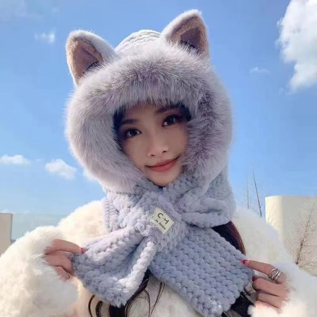 Plush hat with rabbit ears and scarf, women, winter