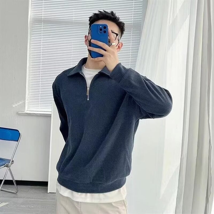 Men's knit sweater with stand-up collar and zipper