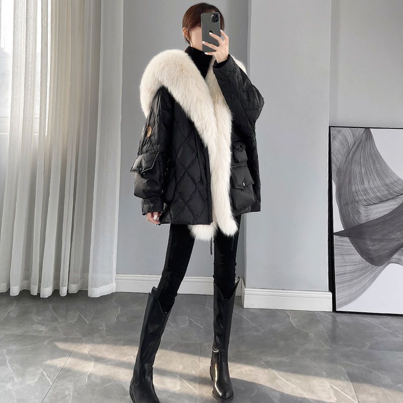 Mid-length faux fur coat with sailor collar