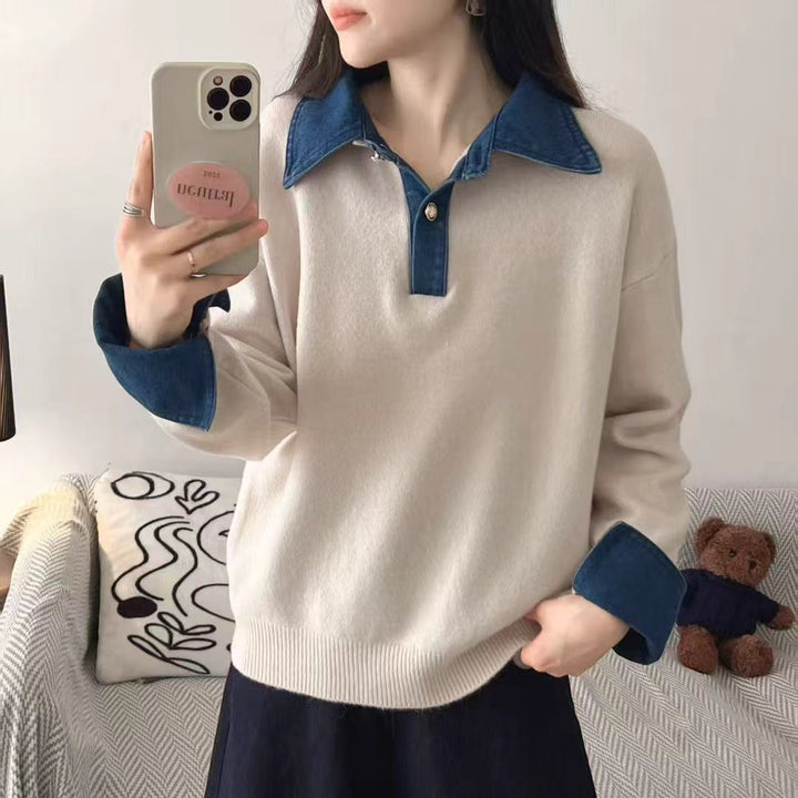 Women's knit sweater with polo collar and denim sleeves