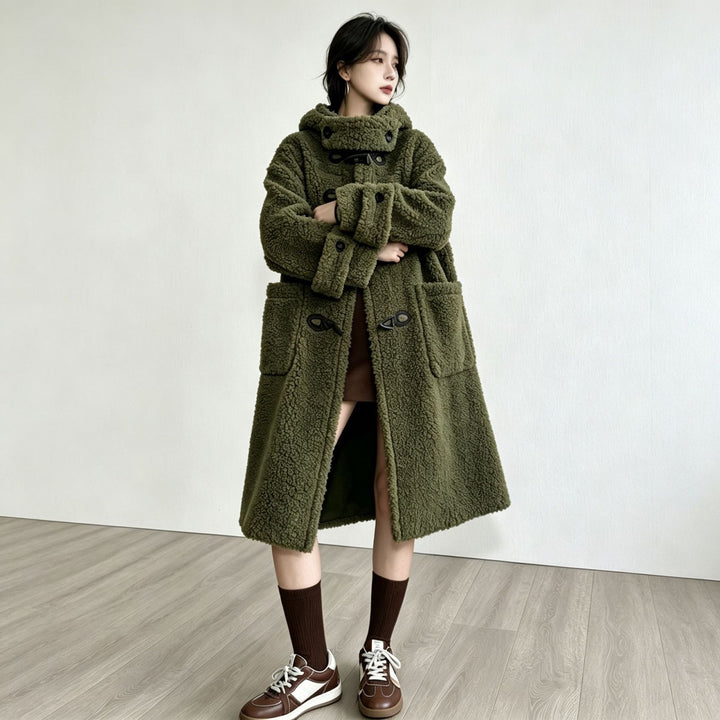 Long lamb fleece imitation coat with hood