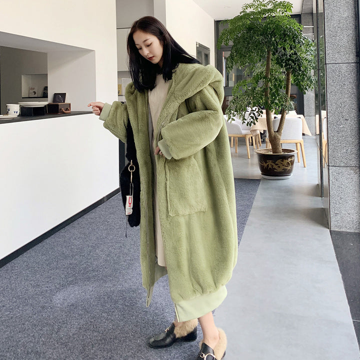 Long ladies' hooded jacket in rabbit fur look