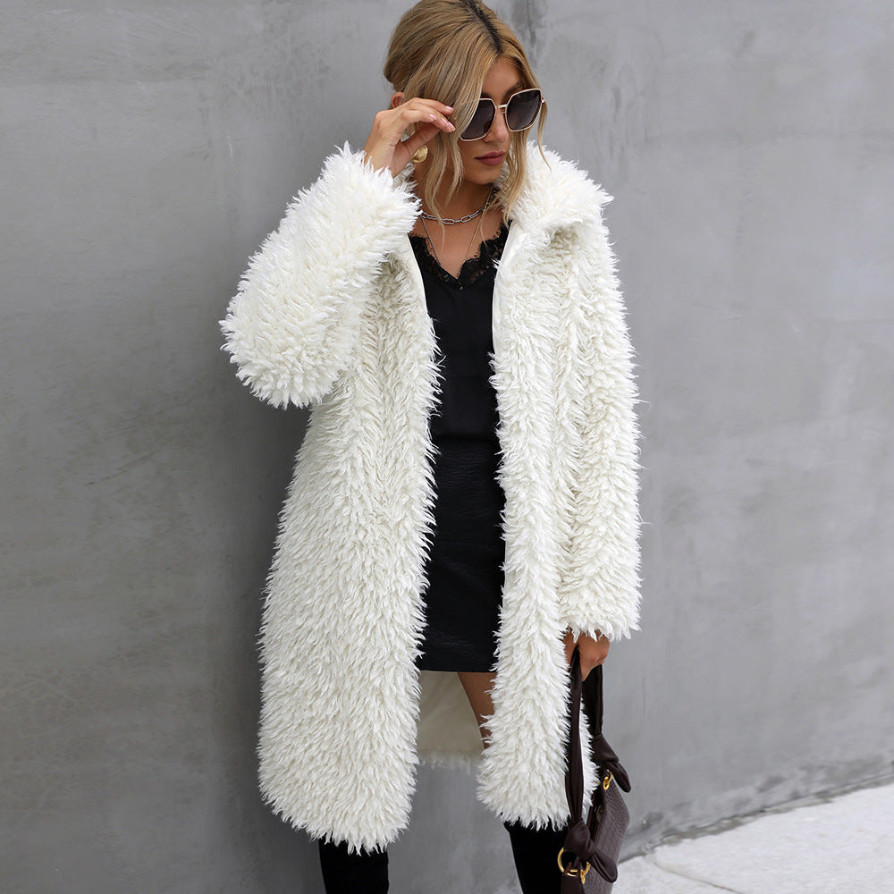 Long faux fur coat with lapel collar