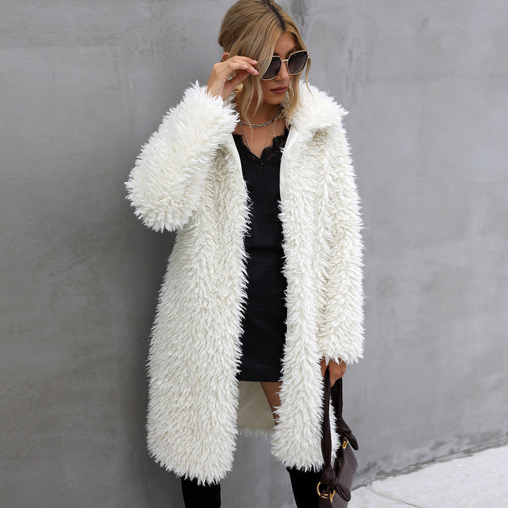 Long faux fur coat with lapel collar