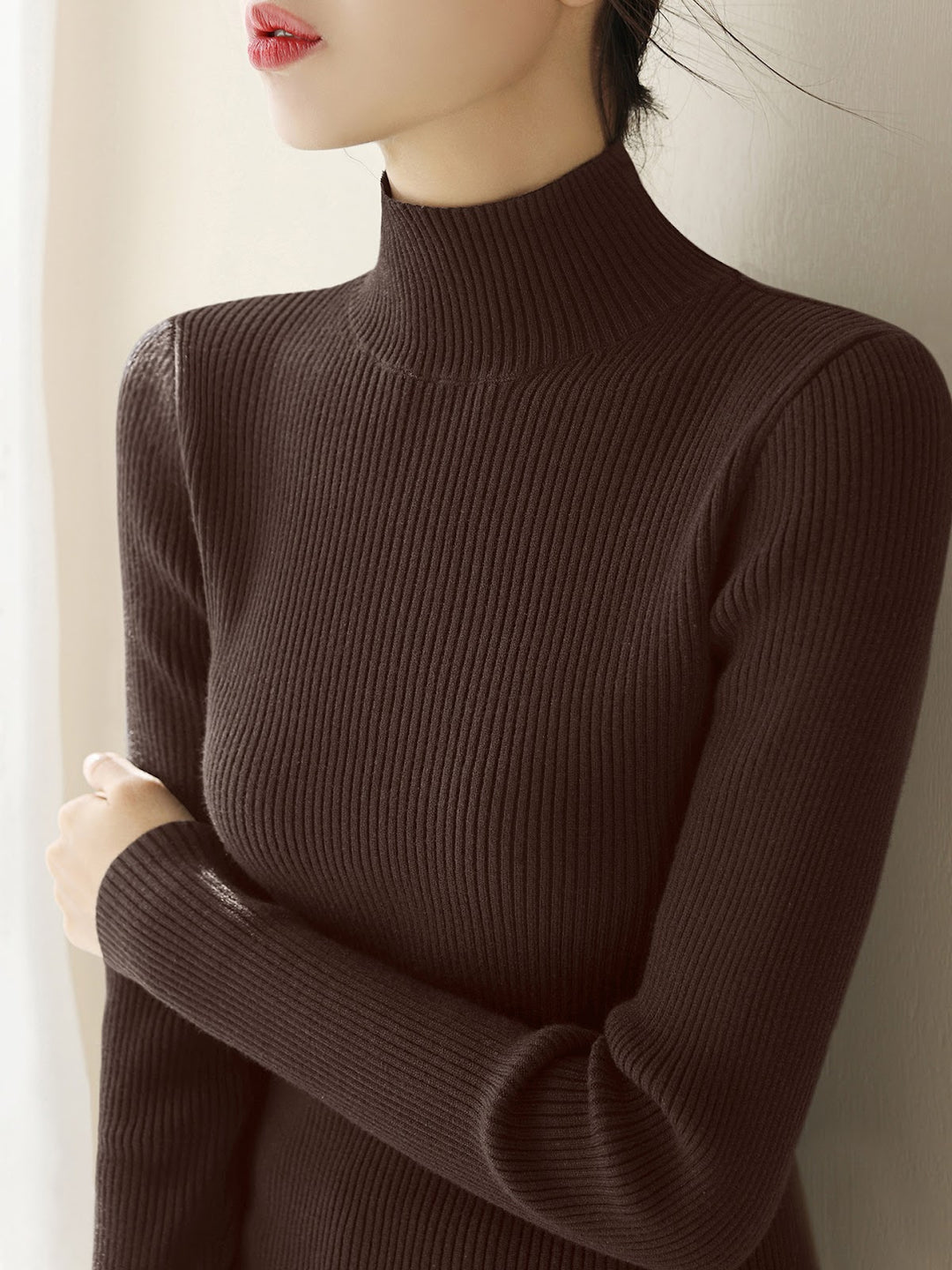 Women's wool knit pullover with half standing collar