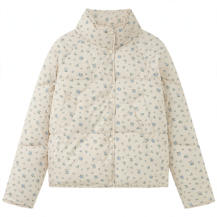 Short women's quilted jacket with floral pattern, oversized fit