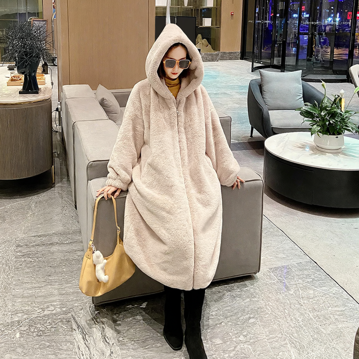 Long coat made of lambskin imitation with hood