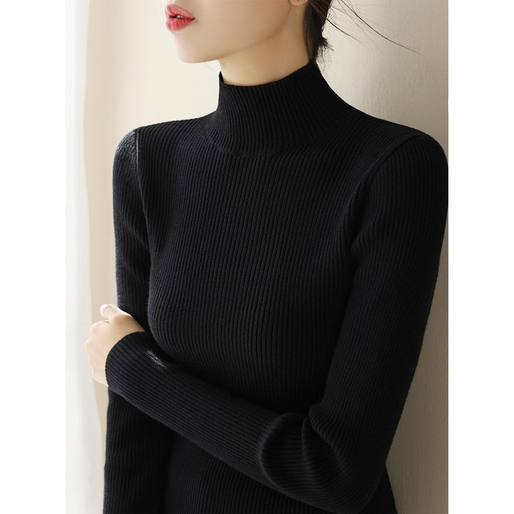 Women's wool knit pullover with half standing collar
