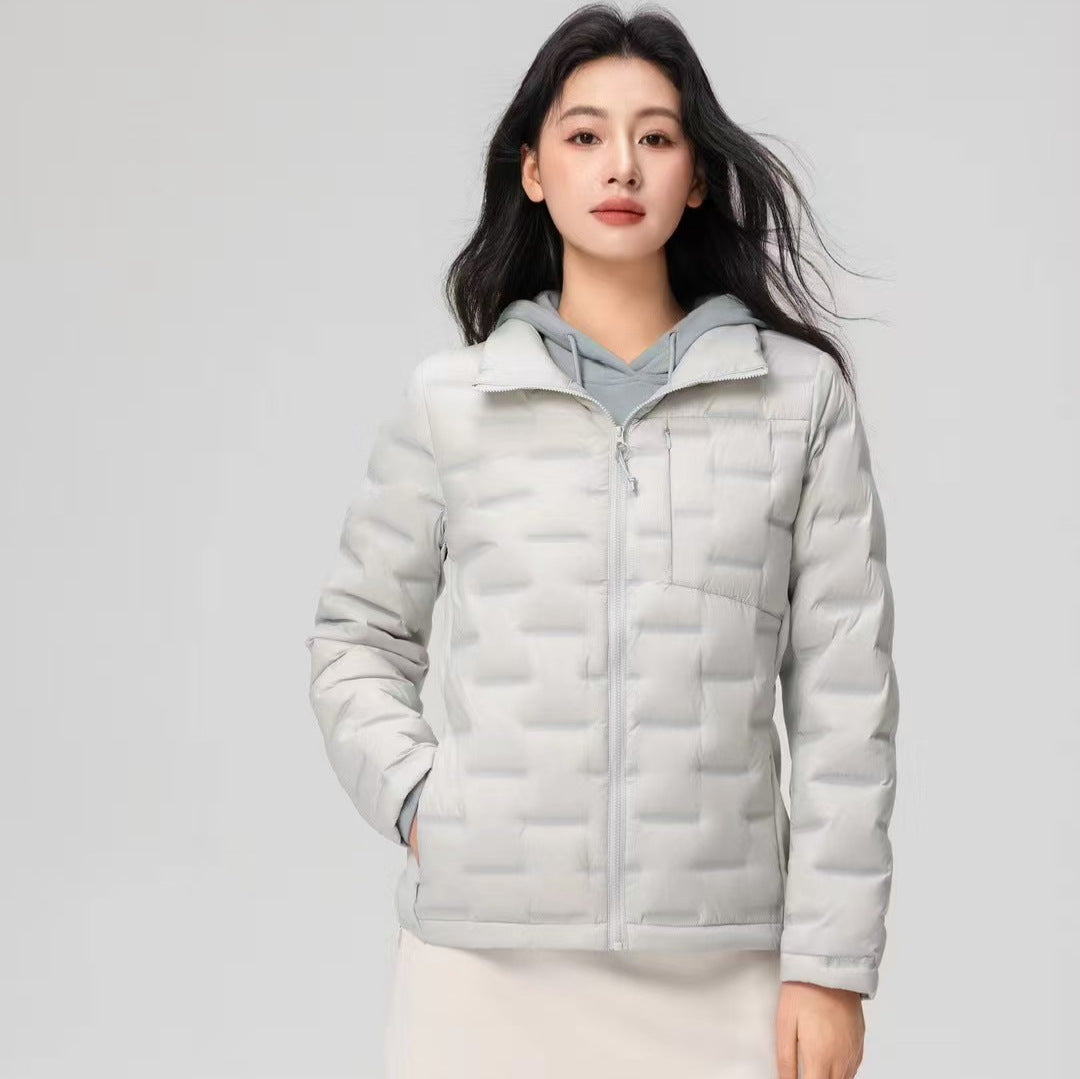 Short women's down jacket with stand-up collar, white duck down