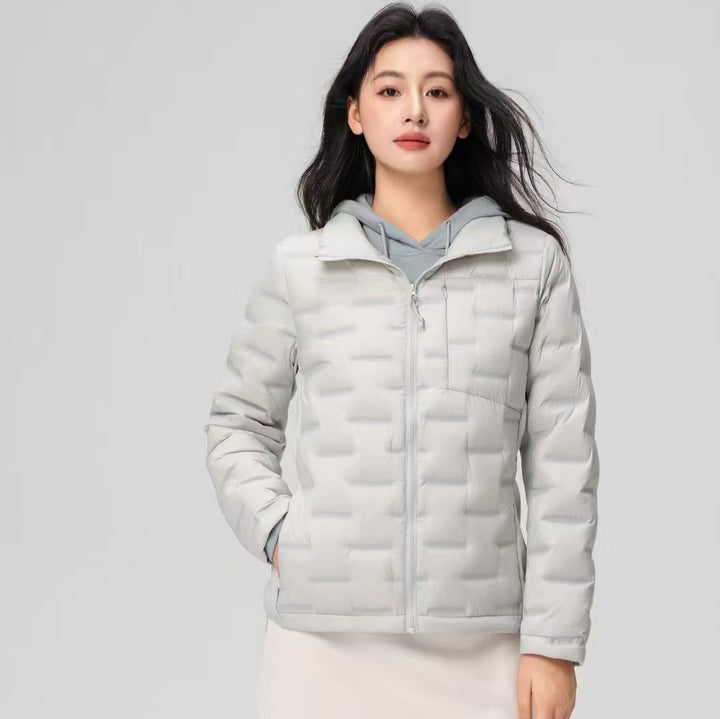 Short women's down jacket with stand-up collar, white duck down
