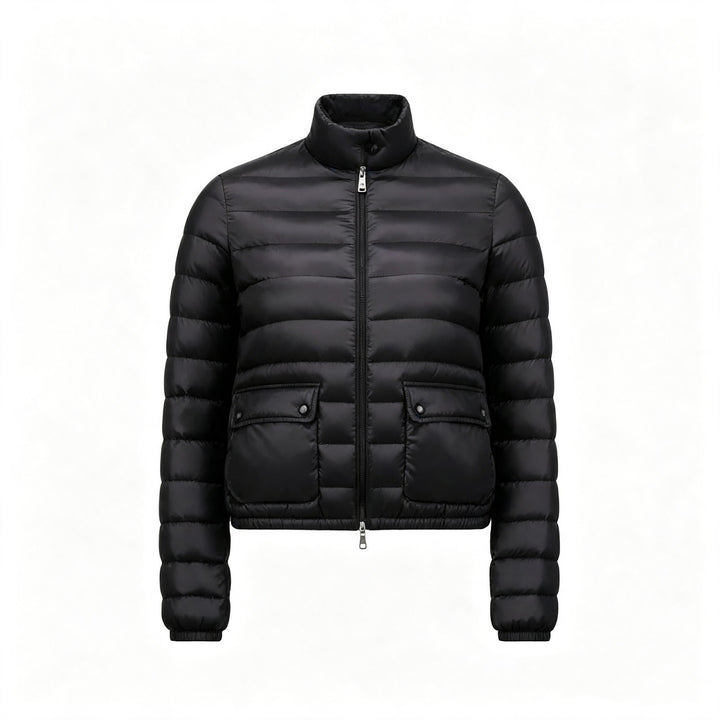 Light women's down jacket, stand-up collar, white goose down
