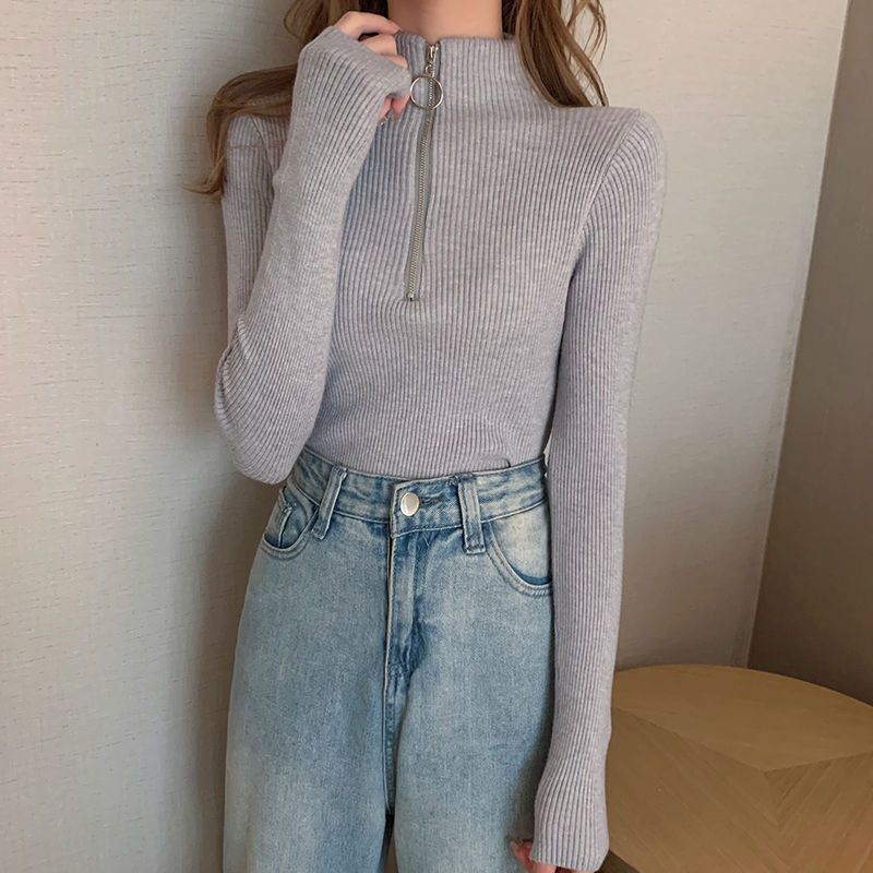 Women's knit sweater with stand-up collar and zipper