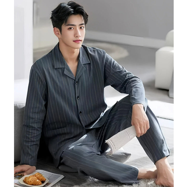 Men's cotton pajama set, long sleeve, with button placket