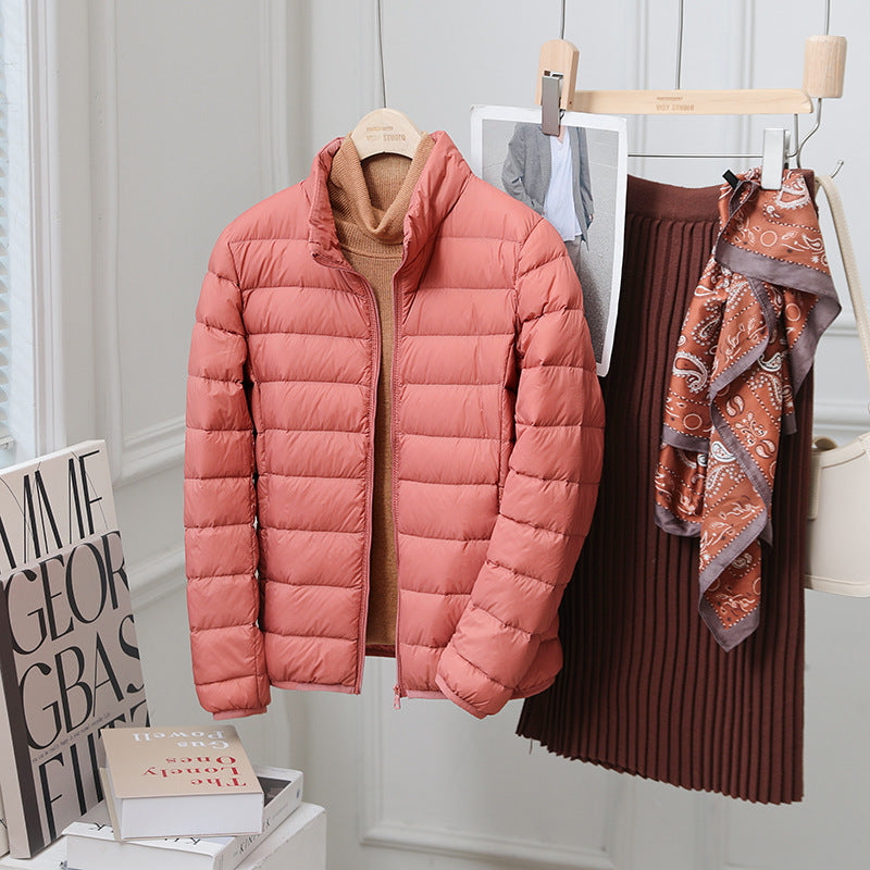 Light women's down jacket, standing collar, 90% duck down