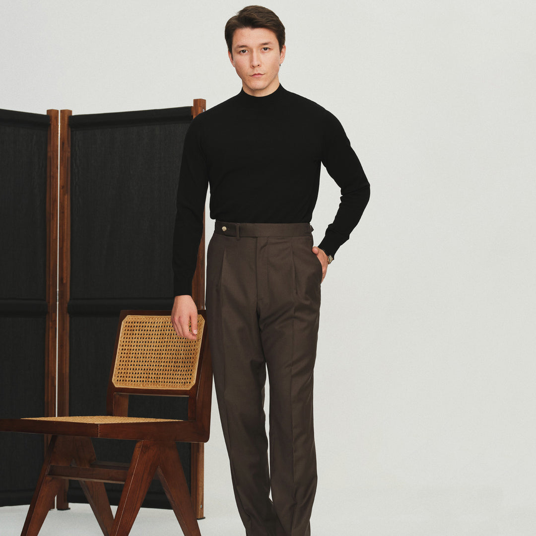 Men's knitted pullover, machine washable, stand-up collar