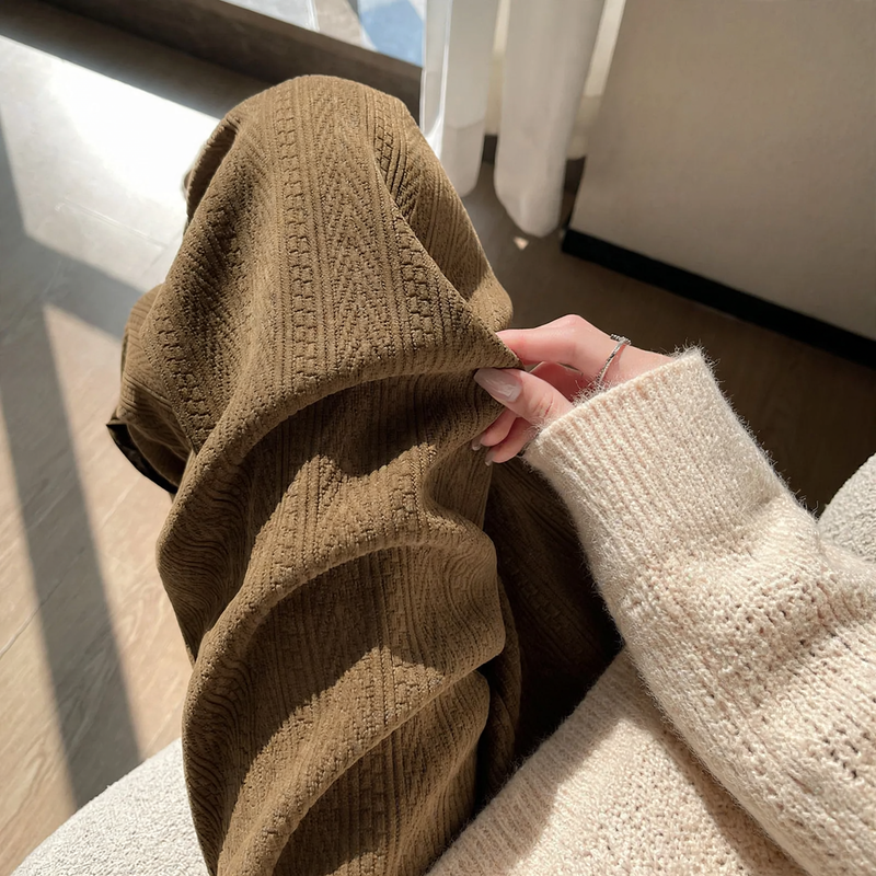 Fleece-lined cord wide leg pants for women