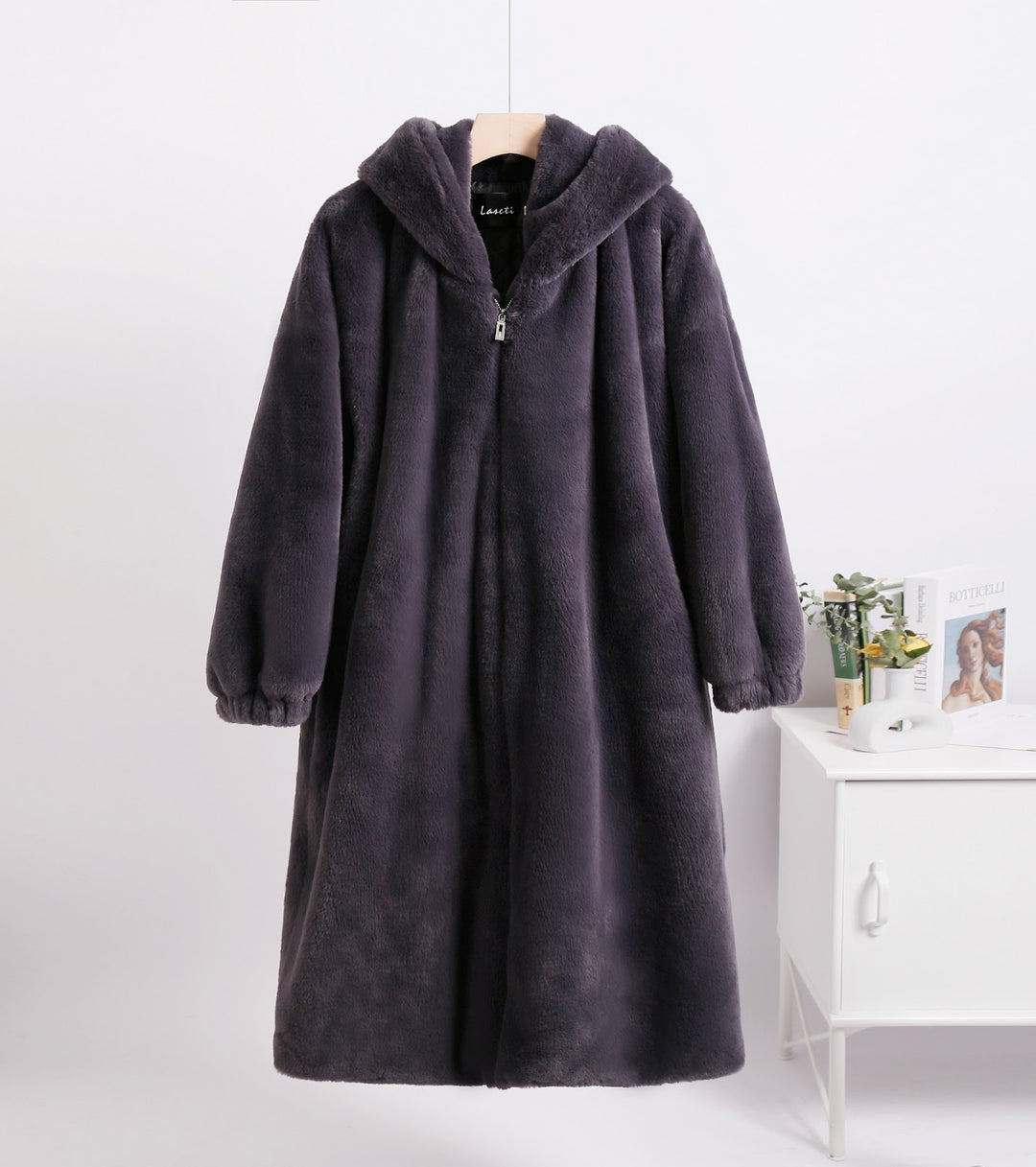 Long coat made of lambskin imitation with hood