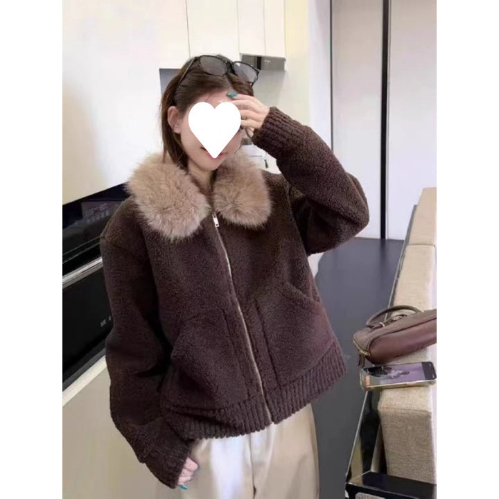Women's shearling imitation jacket with collar
