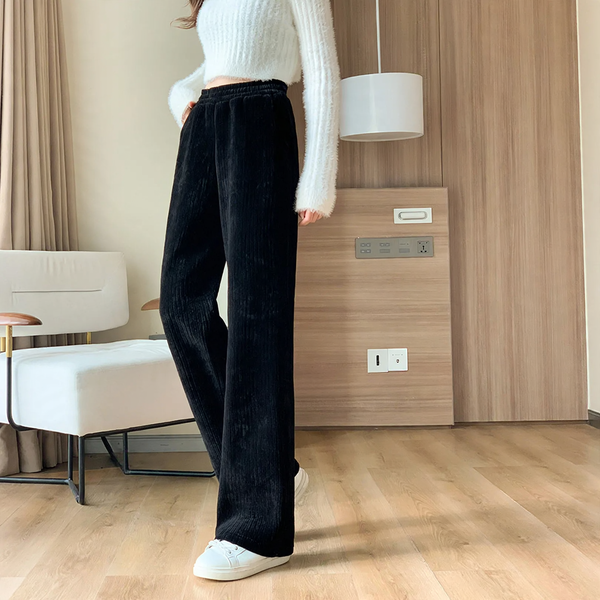 Fleece-lined cord wide pants for women, straight cut