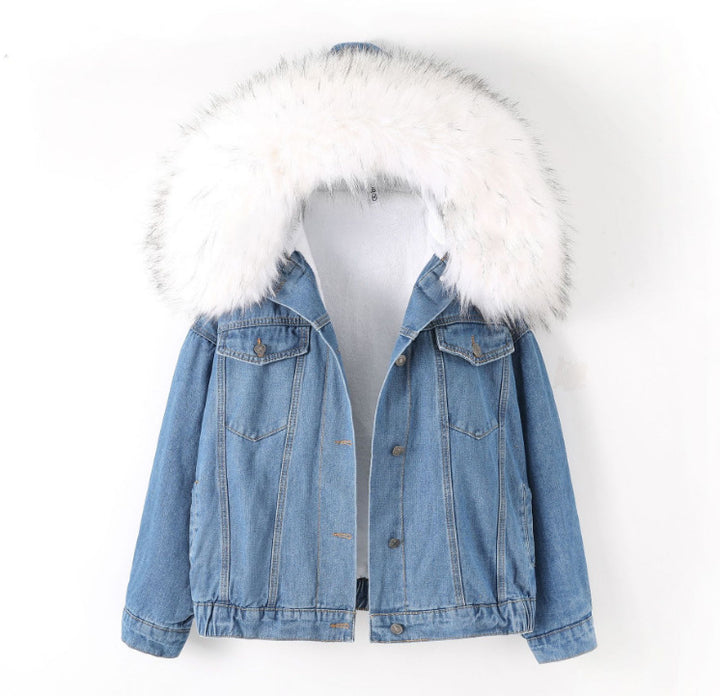 Padded denim jacket with large fur collar