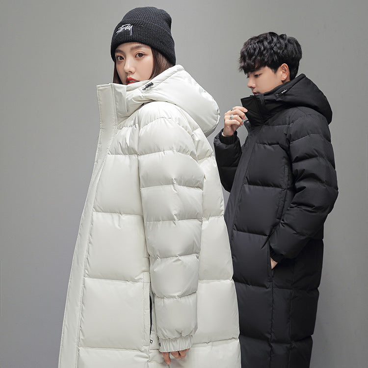 Long, padded men's down jacket with hood