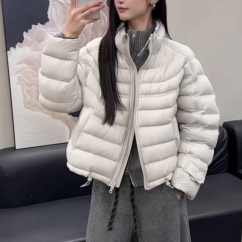Short women's down jacket with standing collar