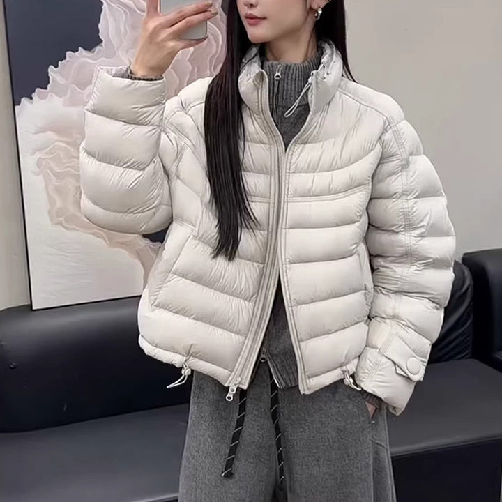 Short women's down jacket with standing collar