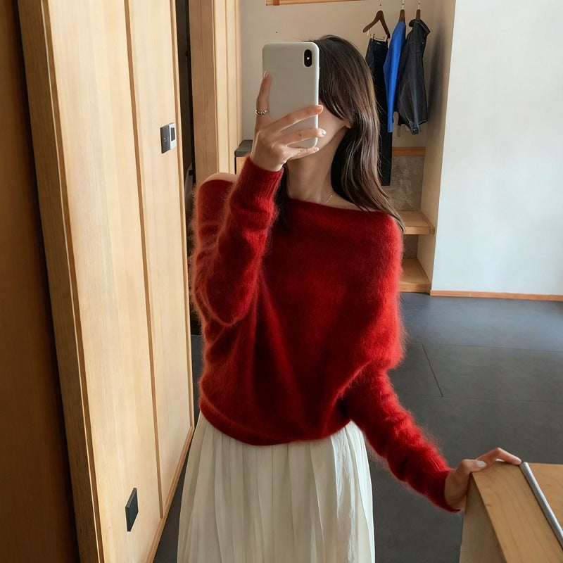 Women’s knit sweater with off-the-shoulder neckline, loose