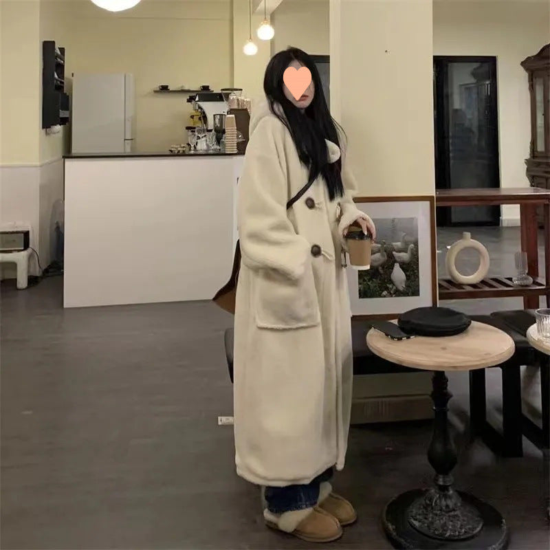 Lamb fleece coat, long, with toggle buttons and hood