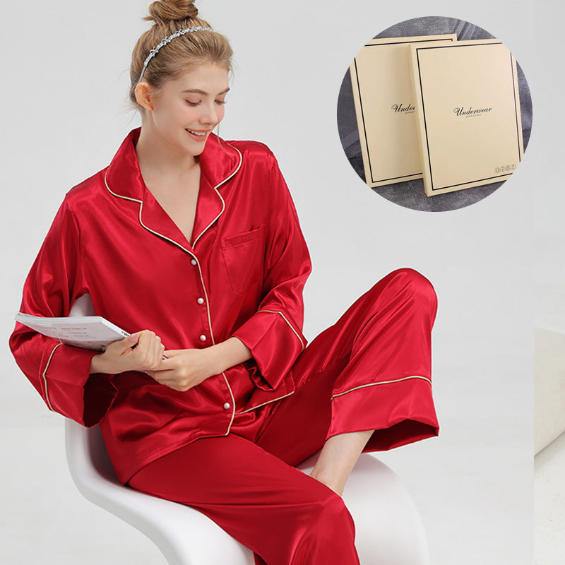 French Women's Pajama Set made of Ice Silk, Long Sleeves