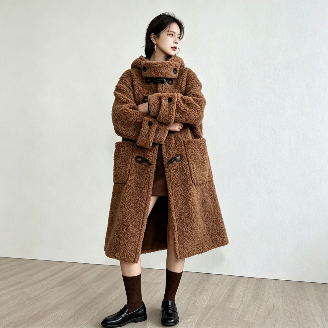 Long lamb fleece imitation coat with hood