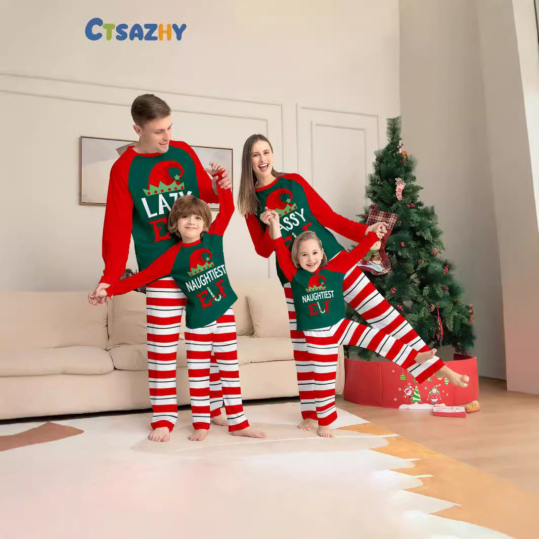 Family pajamas set, festive design, striped
