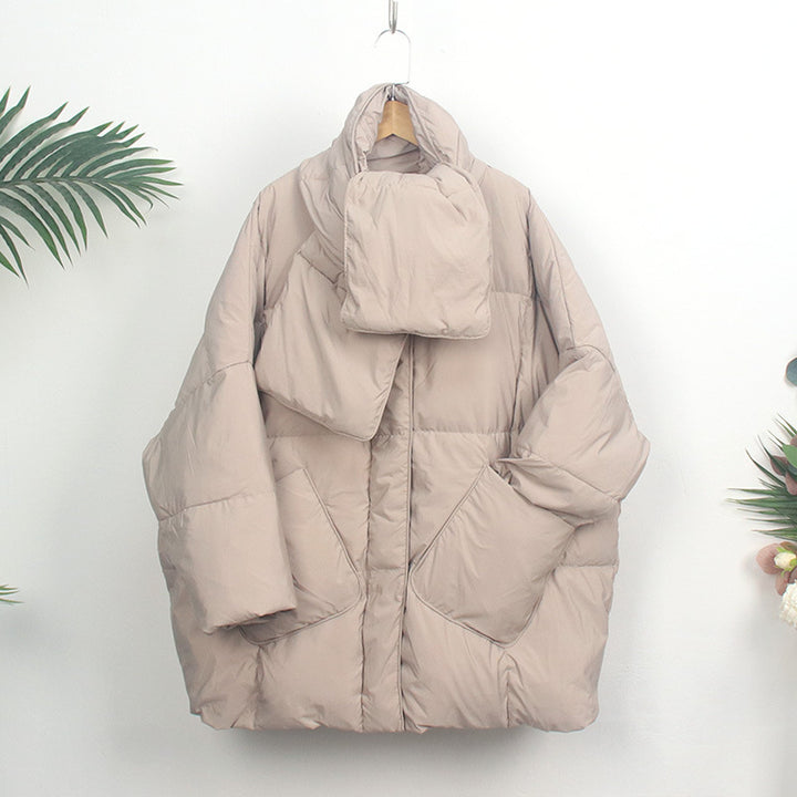 Women's down coat with scarf, mid-length, loose fit