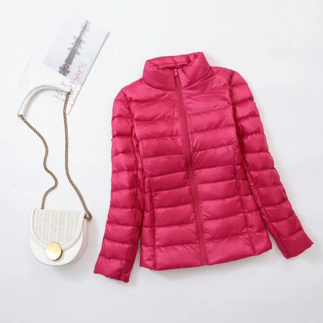 Light women's down jacket, stand-up collar, slim fit