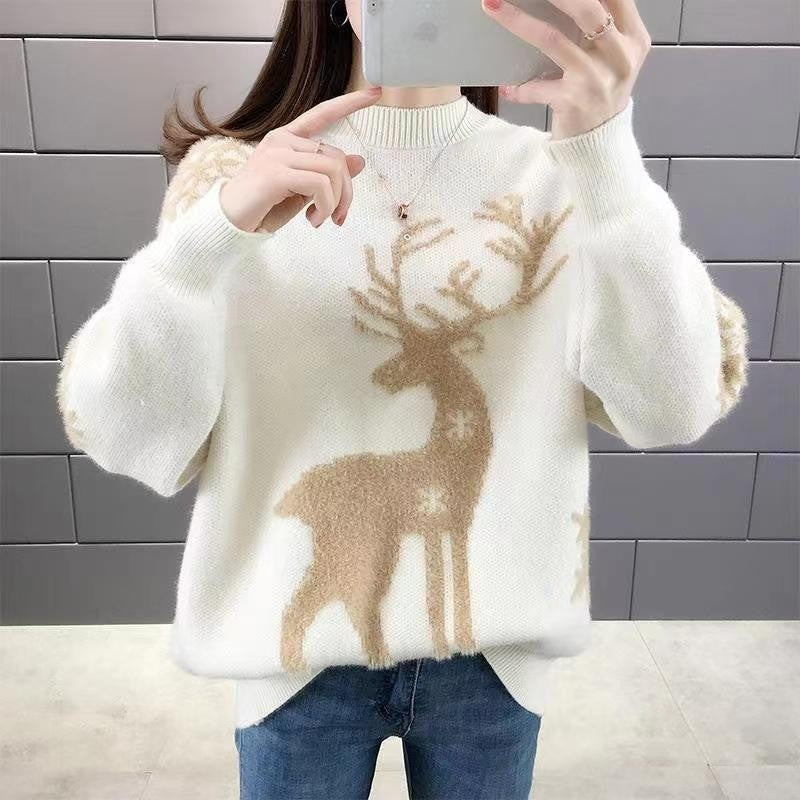 Christmas knitted sweater with reindeer motif, stand-up collar