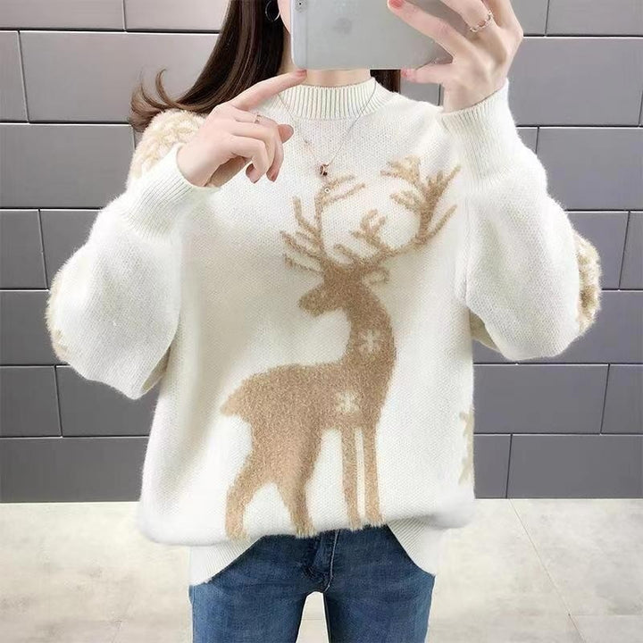 Christmas knitted sweater with reindeer motif, stand-up collar