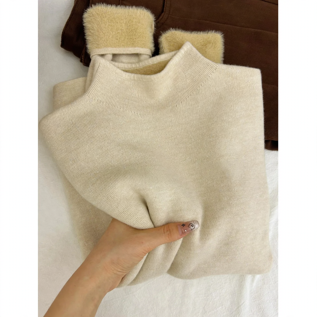Ladies knitted pullover with stand-up collar, lined