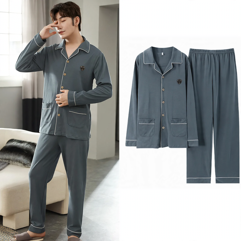 Men's Pajama Set, Cotton, Long Sleeve, with Button Placket